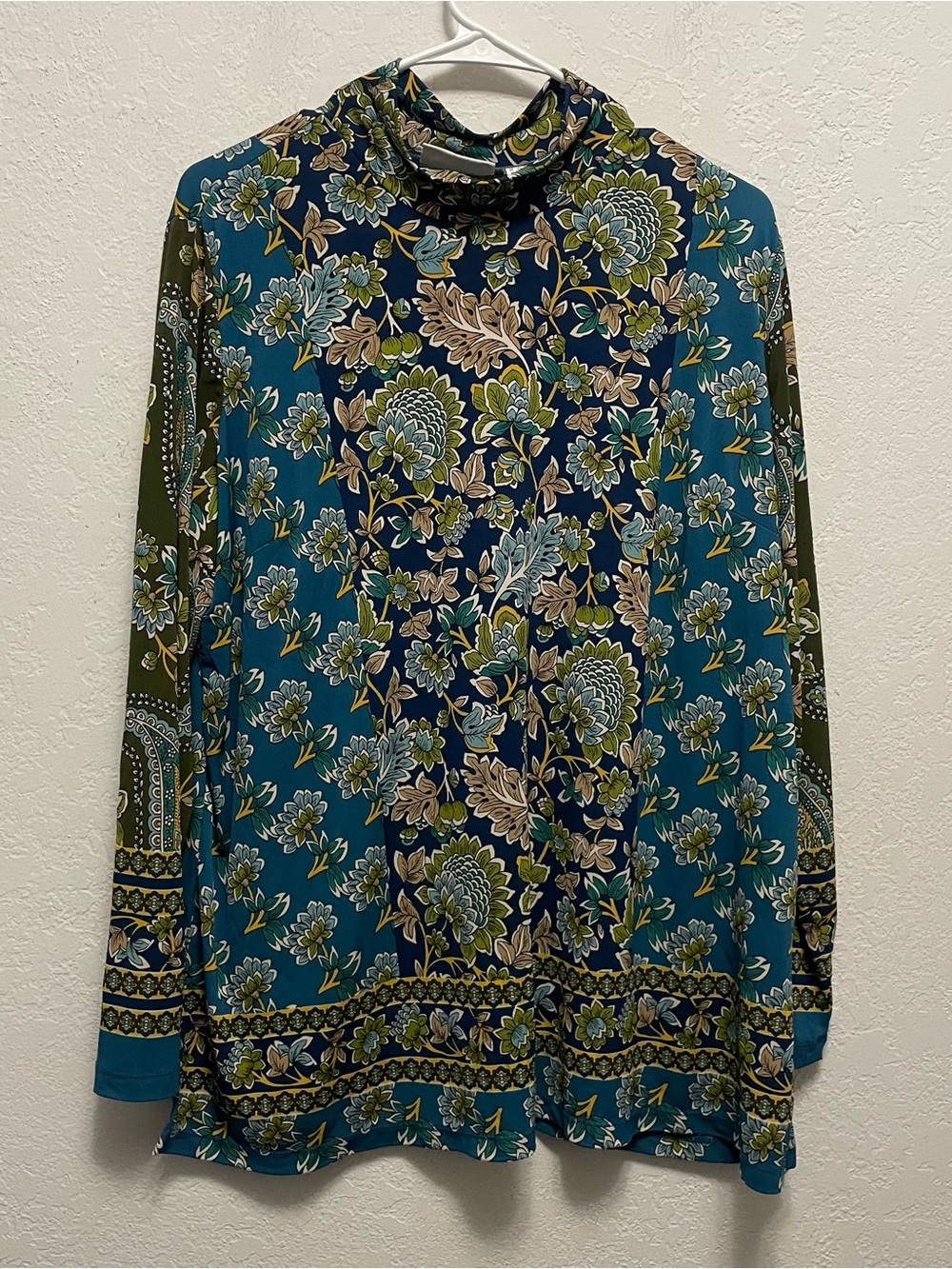 Susan Graver Liquid Knit Mock Neck Floral Top Navy Blue Long Sleeve Size 1X